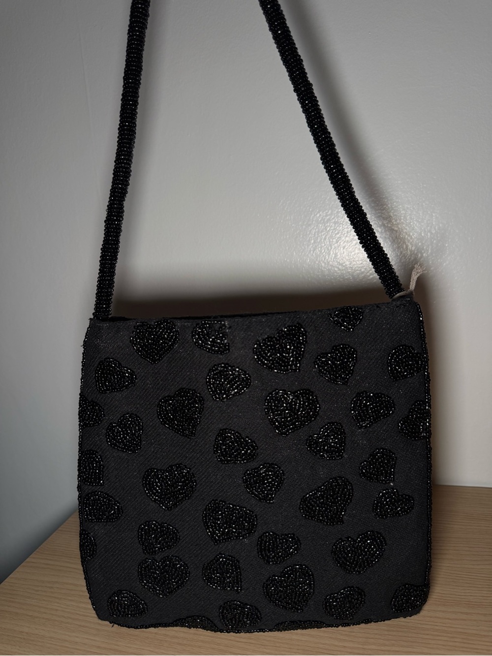 Black Beaded Heart Shoulder Bag - Classic Evening Purse